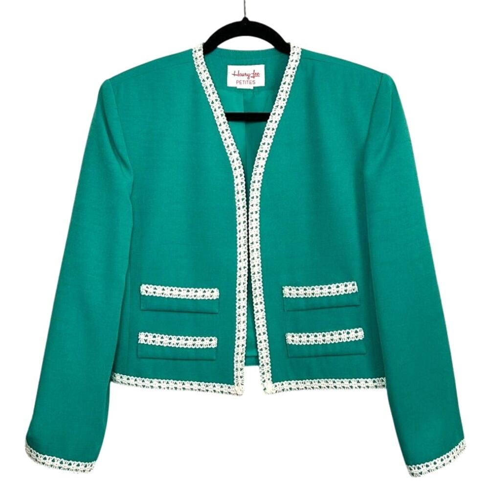 Vintage Lace Trim Open Front Teal Blazer Henry Lee Petite PM PL Classic Costume